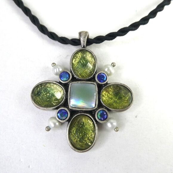 Lia Sophia Jewelry - Lia Sophia Black Twist Cord Necklace Rhinestone Jeweled Pendant Green Blue